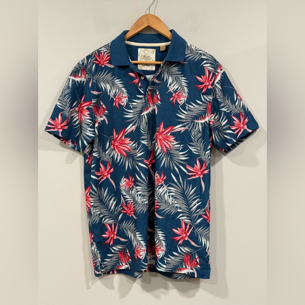 Men's Tasso Elba UPF Sun Protection Blue Floral Short Sleeve Polo Shirt L NWOT